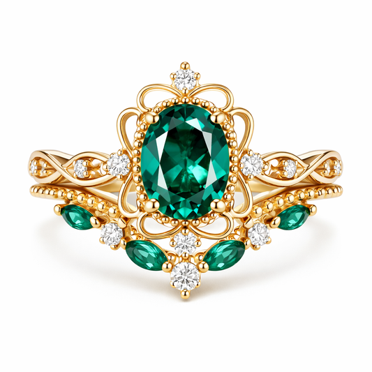 Set de Anillos Corona de Esmeralda Aurelle | Oro Rosa