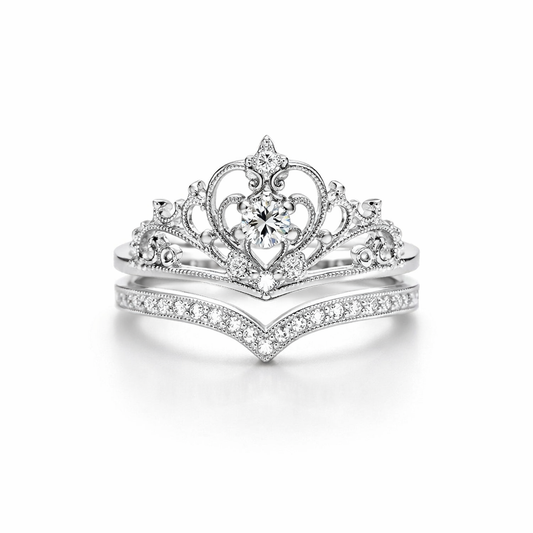 Set de Anillos Corona Plateada Brillante | Oro Blanco