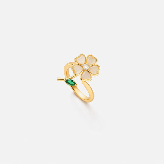 Anillo Giratorio Flor y Hoja de Esmeralda | Oro