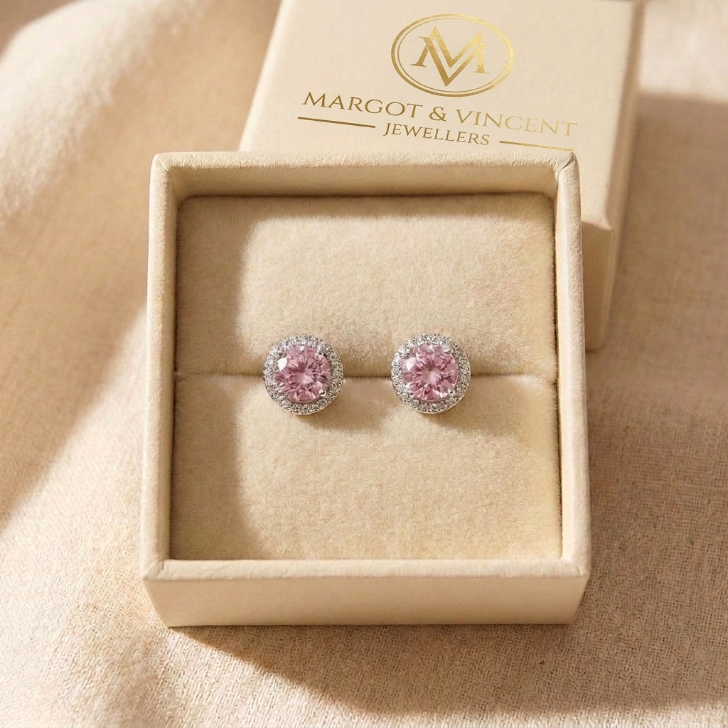 Round Pink Pave Stud Earrings in the Margot & Vincent gift box