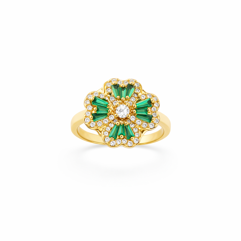 Emerald Four Leaf Clover Spinner Yellow Gold Ring