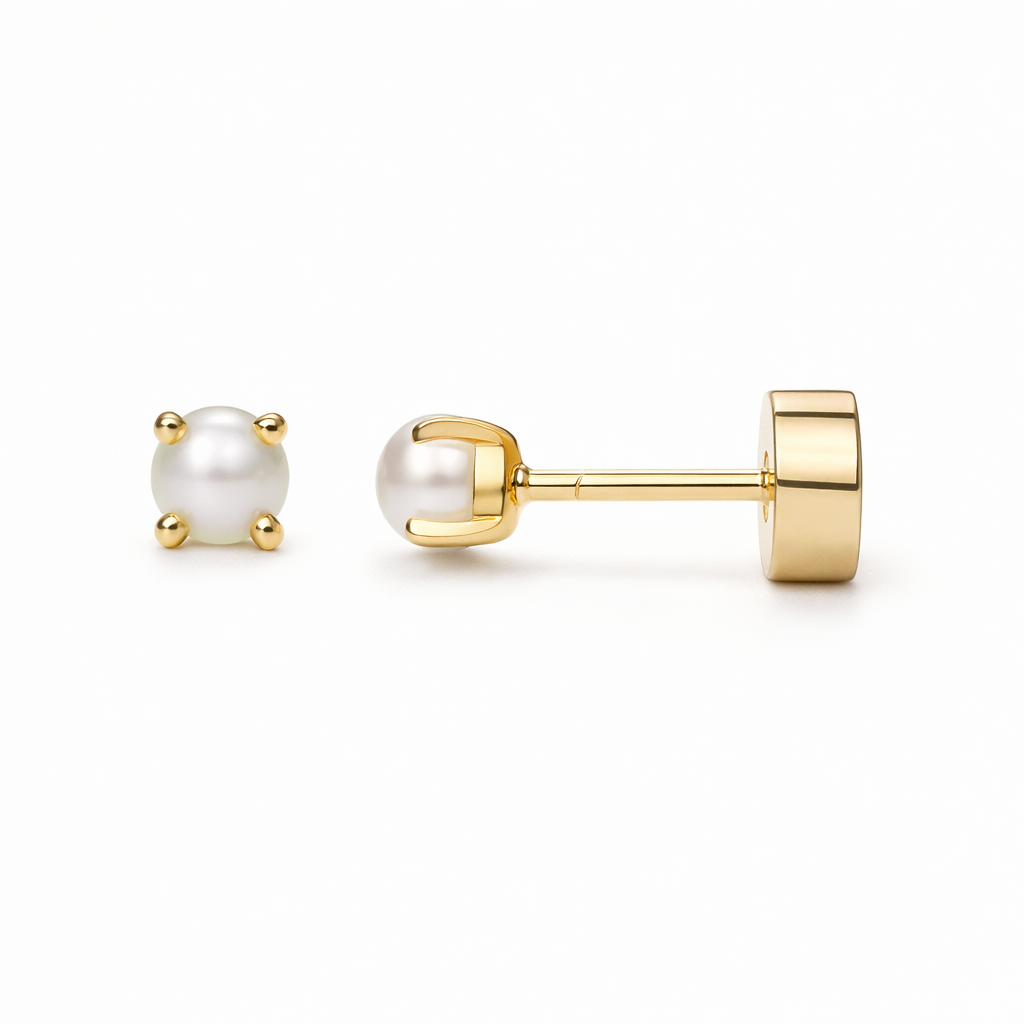 Delicate Pearl Stud Yellow Gold Earrings