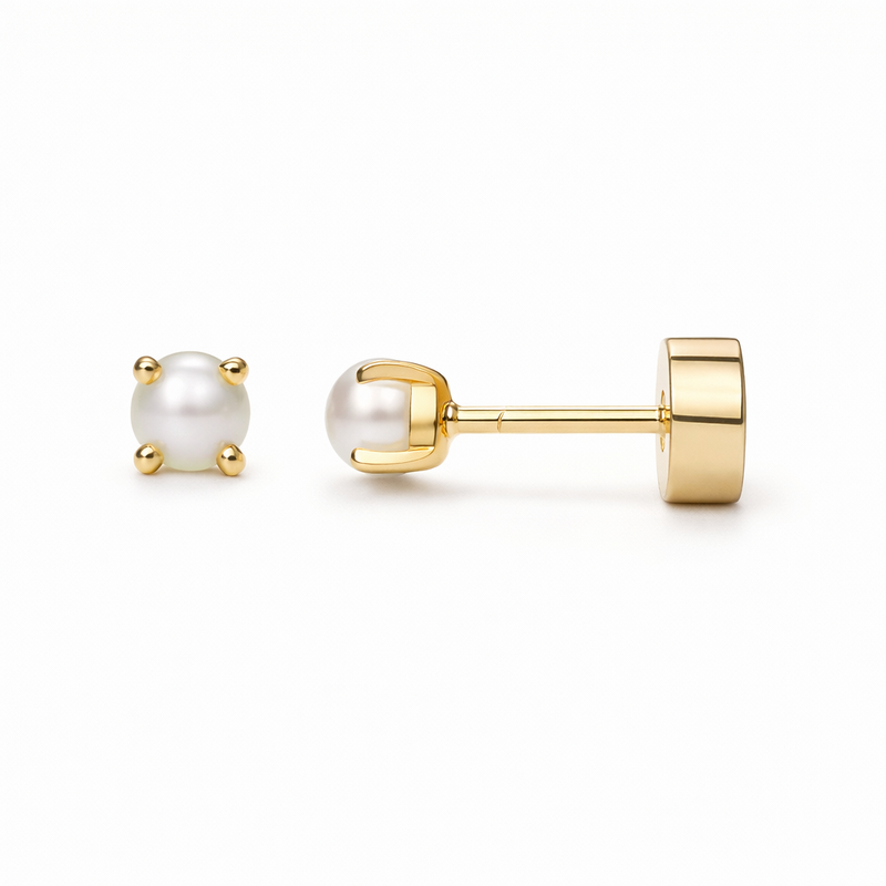 Delicate Pearl Stud Yellow Gold Earrings
