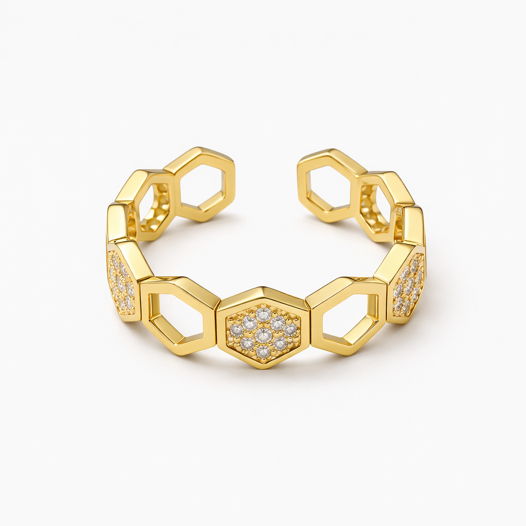 Crystal Honeycomb Yellow Gold Ring
