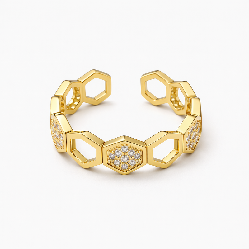 Crystal Honeycomb Yellow Gold Ring