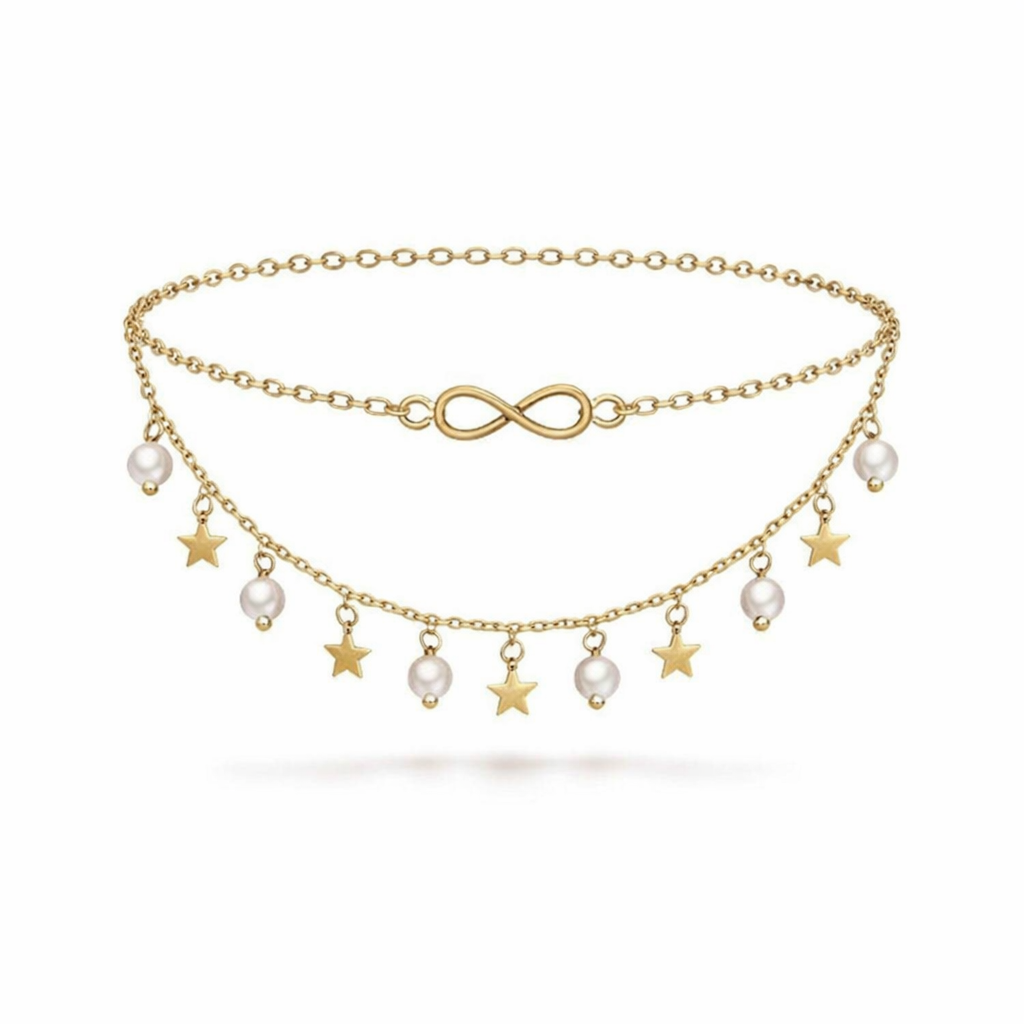 Infinity Yellow Gold Anklet with Pearls and Stars