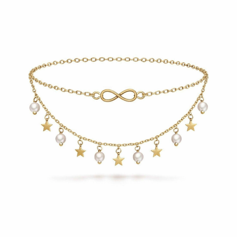 Infinity Yellow Gold Anklet with Pearls and Stars
