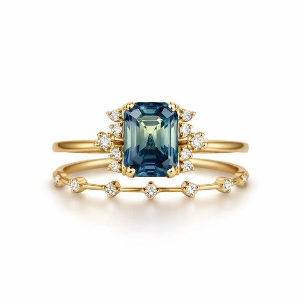 Blue Crystal Sparkle Yellow Gold Ring Set