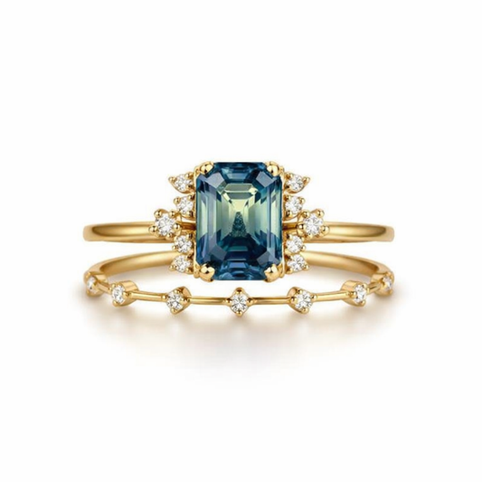 Set de Anillos de Cristal Azul Brillante | Oro