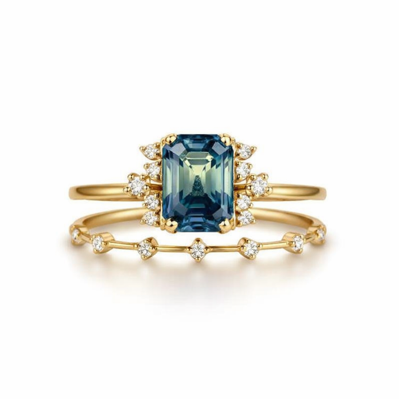 Blue Crystal Sparkle Yellow Gold Ring Set