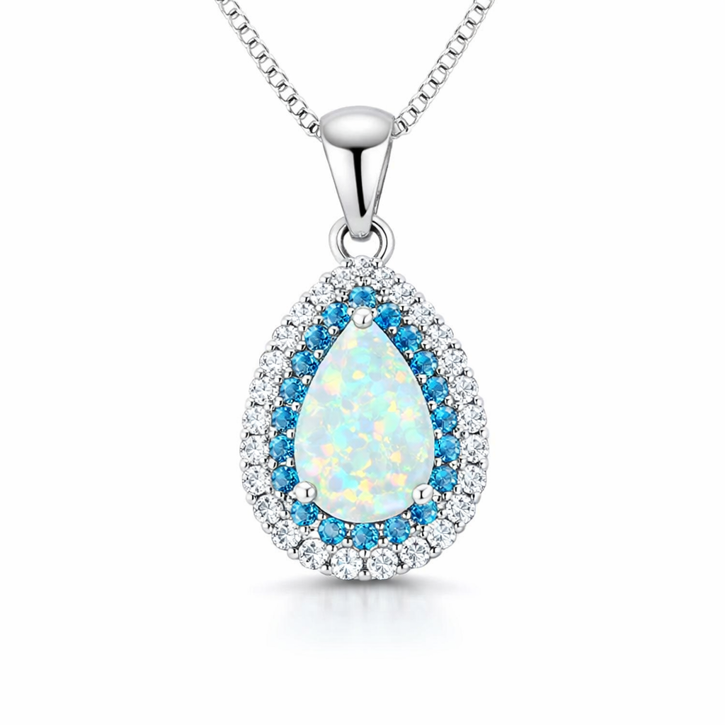 Elegant Brilliant Blue Opal Pendant White Gold Necklace
