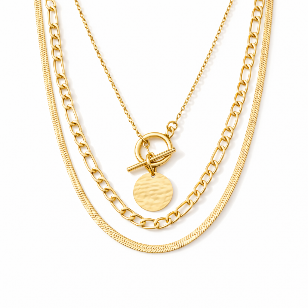 Savira Textured Coin Layered Yellow Gold Necklace