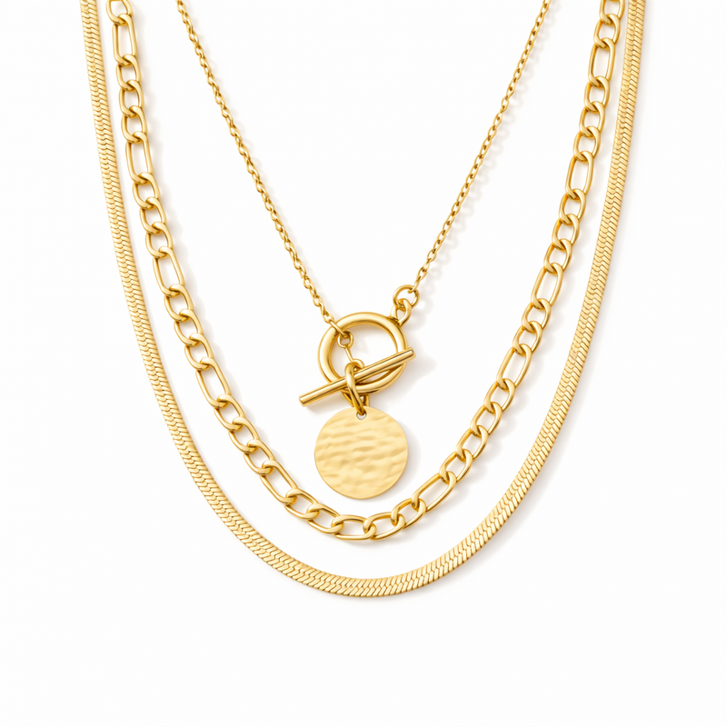 Savira Textured Coin Layered Yellow Gold Necklace