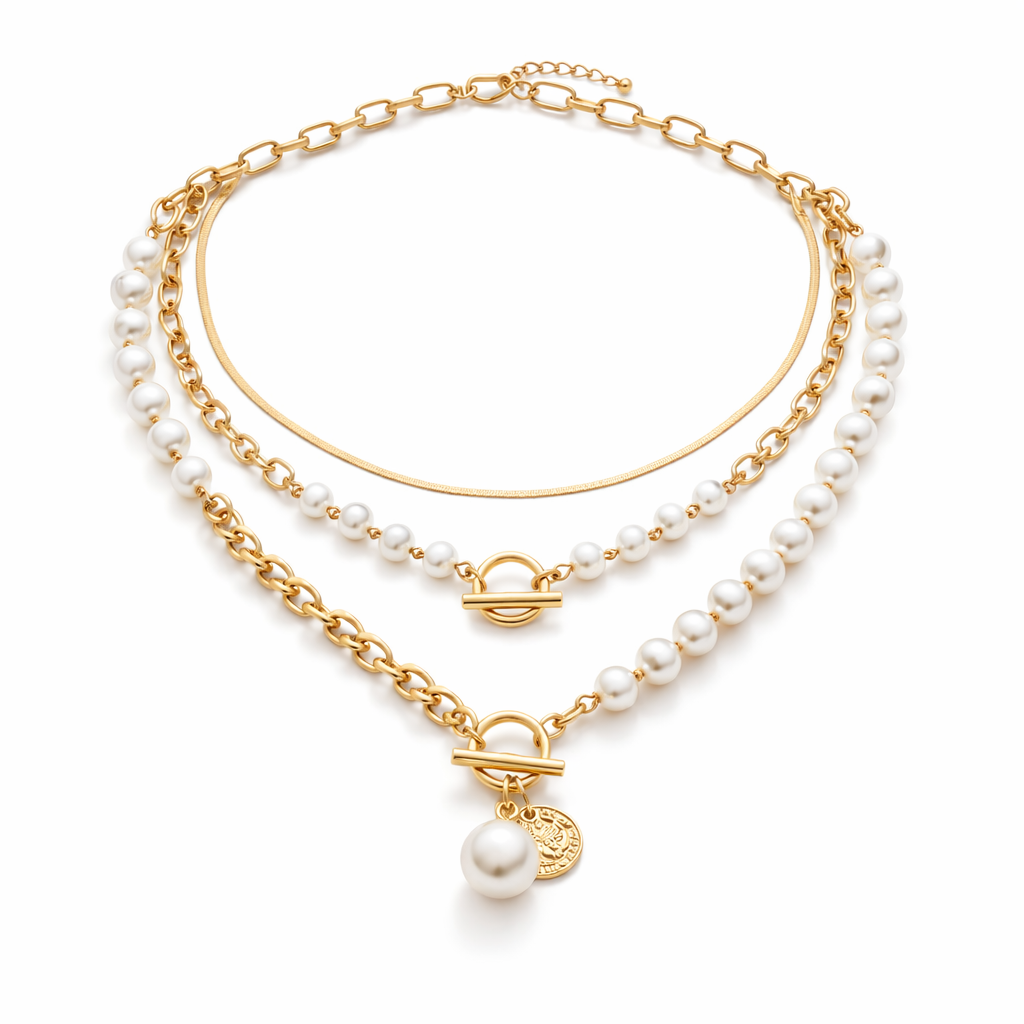 Vintage Style Pearl Snake Chain Yellow Gold Necklace Set