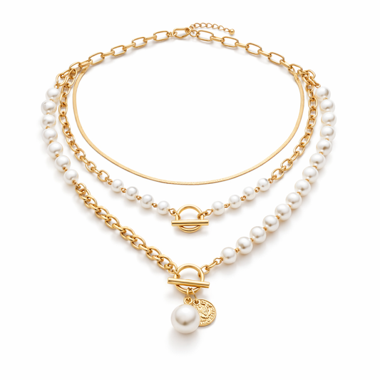 Set de Collares Cadena Serpiente con Perlas Estilo Vintage | Oro