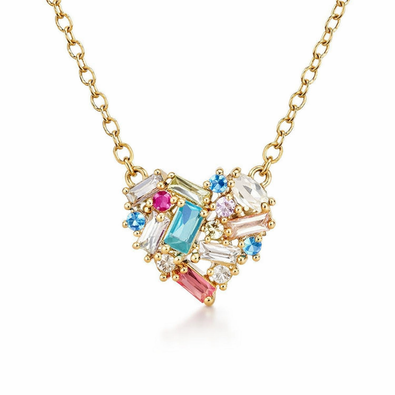 Colourful Sparkle Heart Yellow Gold Necklace