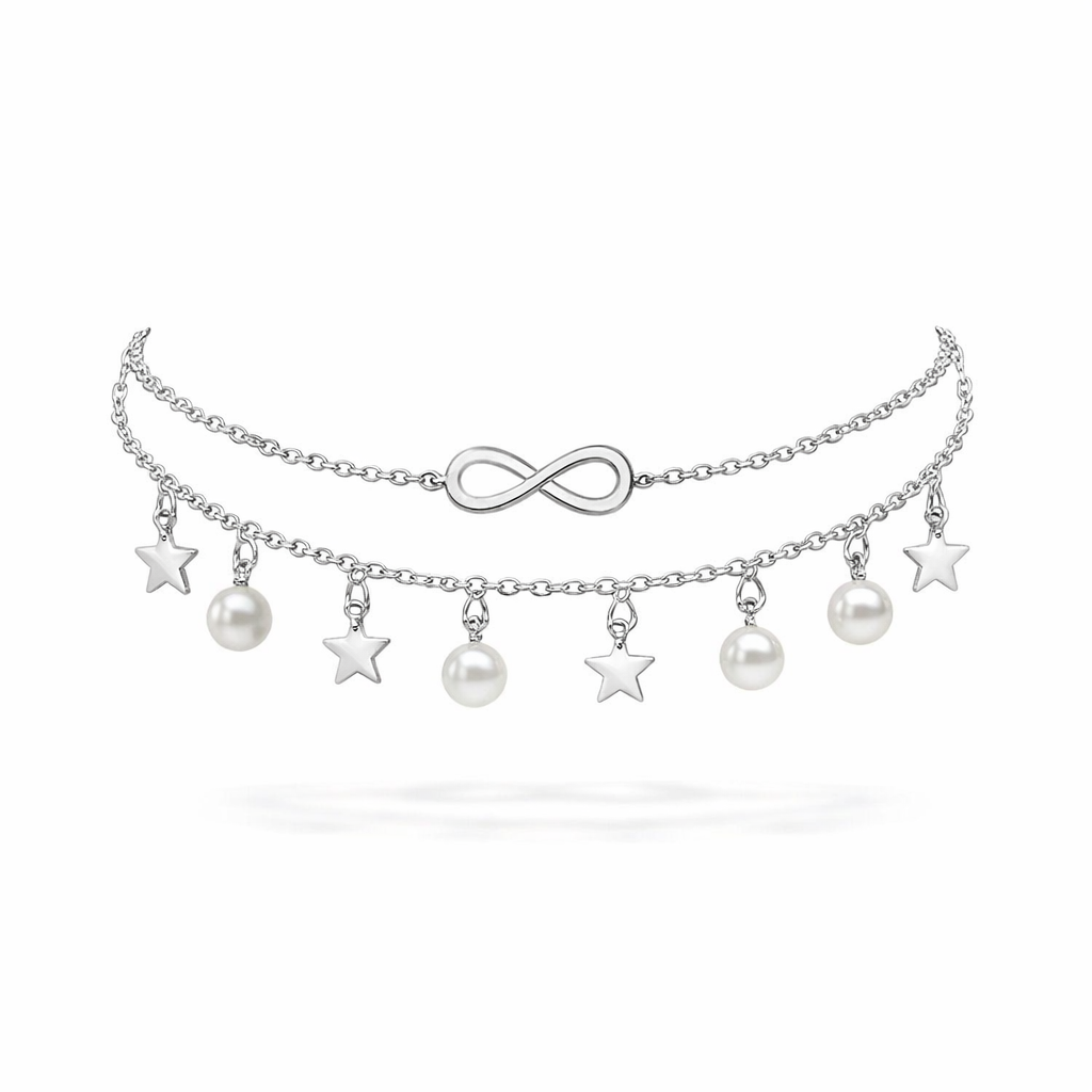 Infinity White Gold Anklet with Pearls and Stars