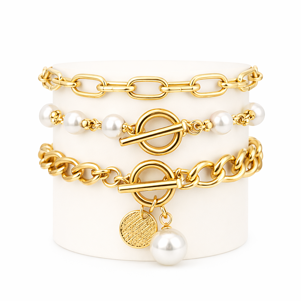 Chic 4 Piece Snake Pearl and Link Yellow Gold Bracelet Set