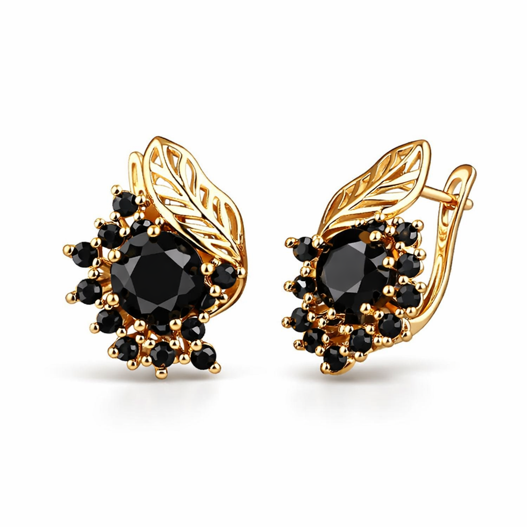 Black Zircon Gilded Yellow Gold Earrings