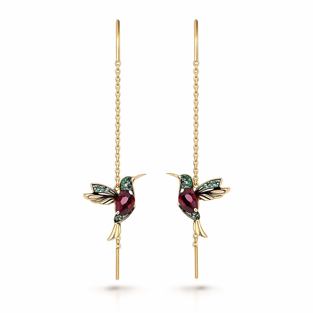 Enamel and Zircon Hummingbird Yellow Gold Earrings