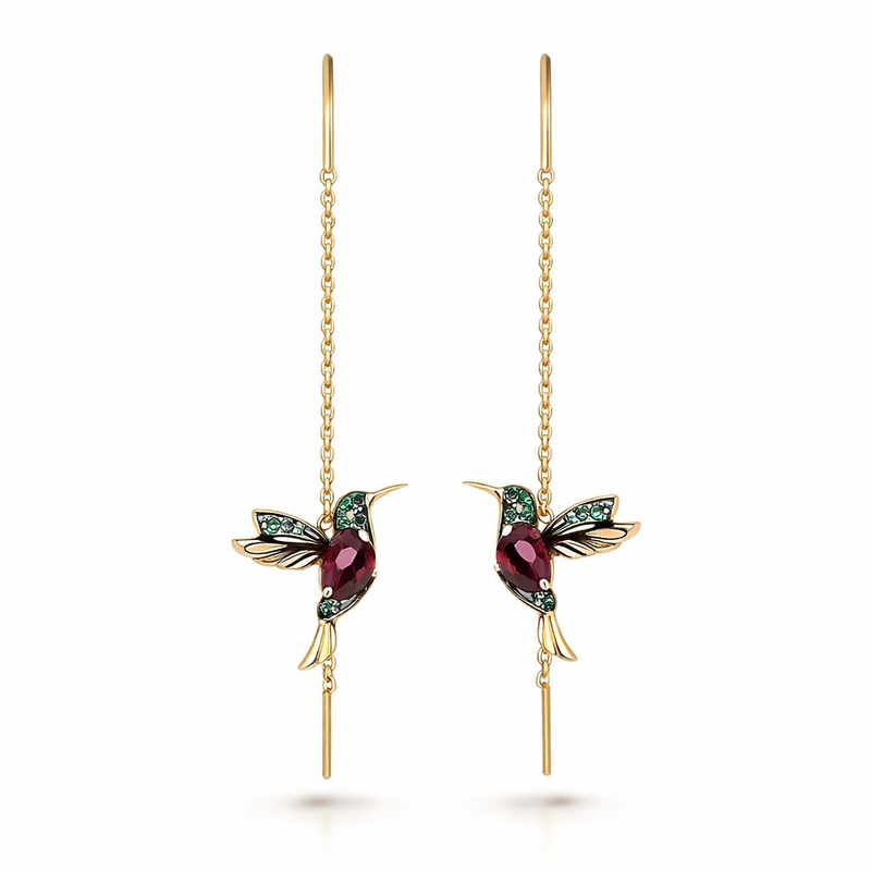 Enamel and Zircon Hummingbird Yellow Gold Earrings
