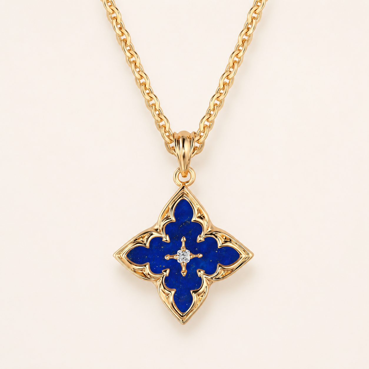 Blue Four Leaf Clover Pendant Yellow Gold Necklace