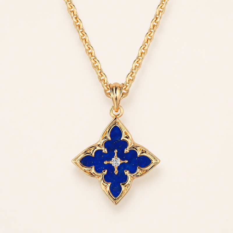 Blue Four Leaf Clover Pendant Yellow Gold Necklace