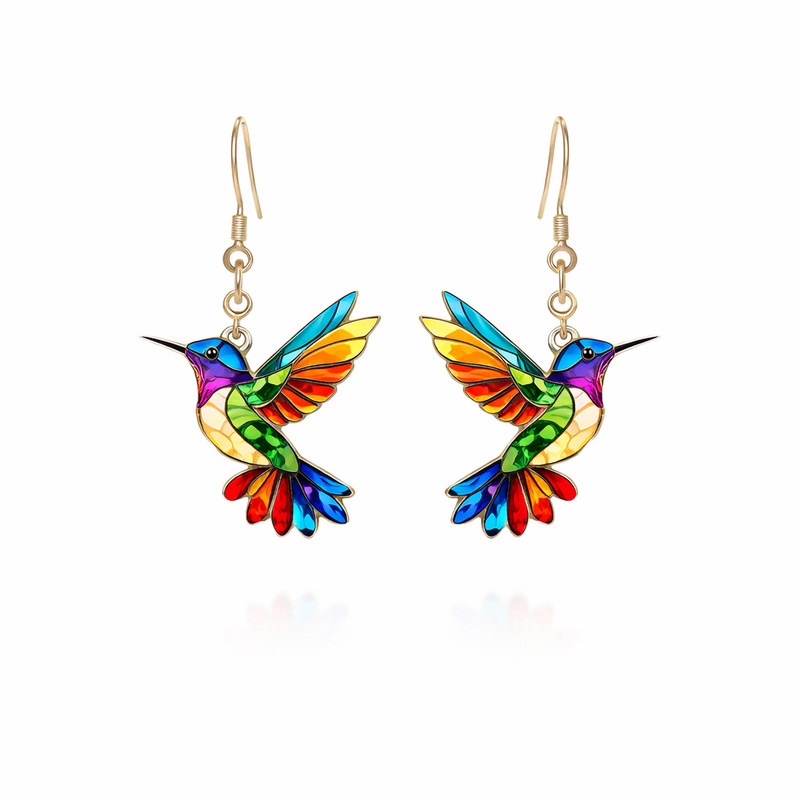 Colourful Hummingbird White Gold Earrings