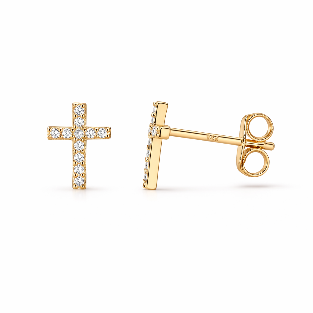 Pave Cross Stud Yellow Gold Earrings
