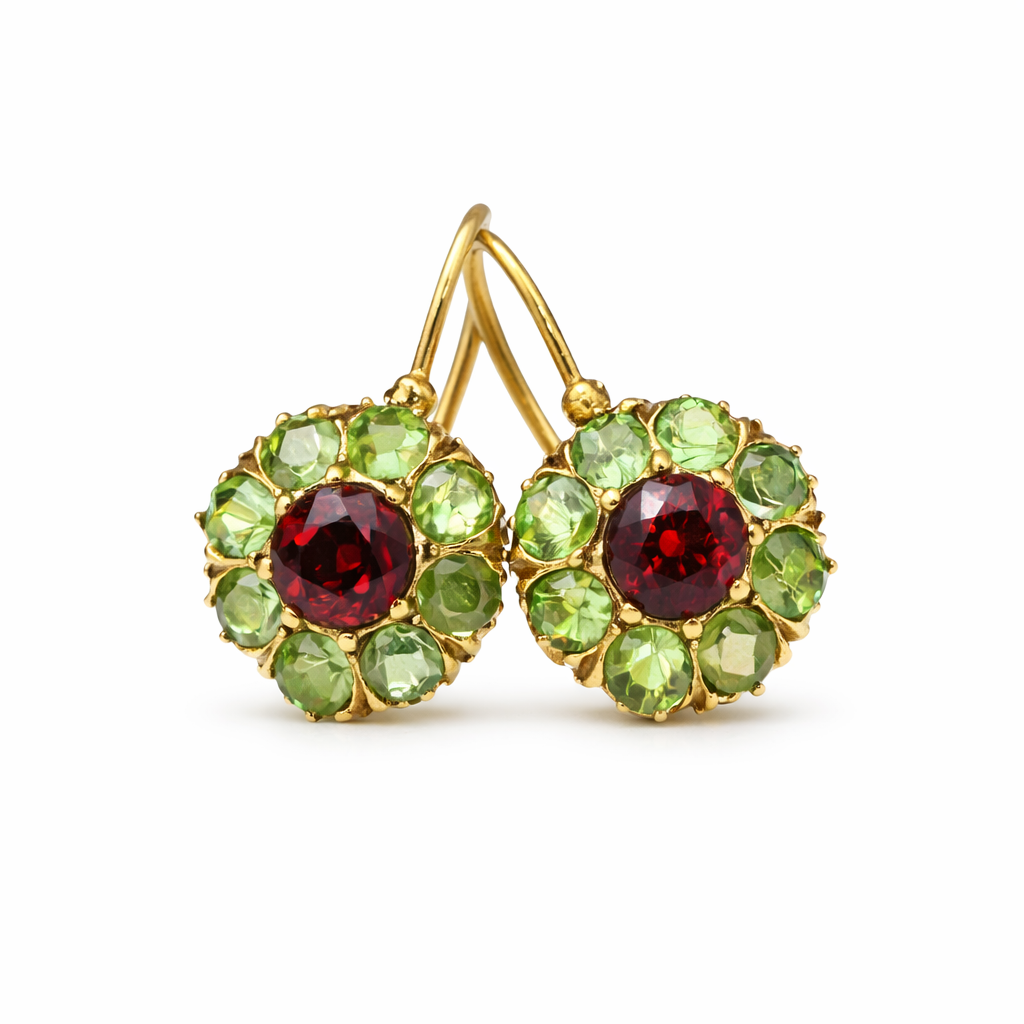 Vintage Style Round Green and Red Crystal Yellow Gold Earrings