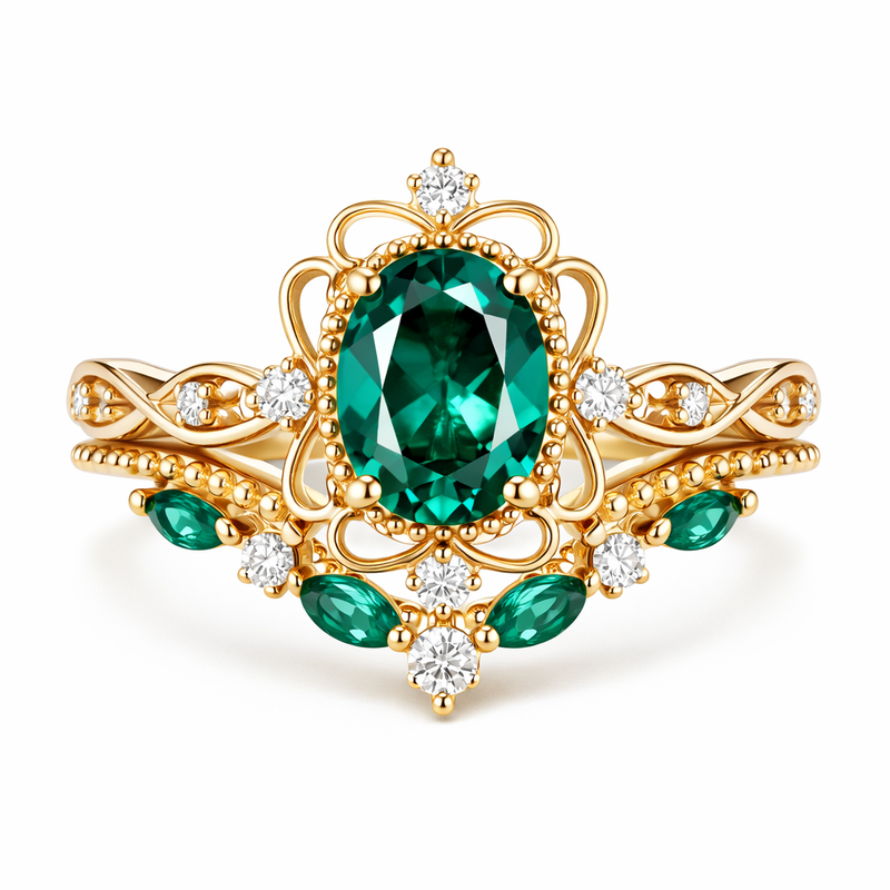 Aurelle Emerald Crown Rose Gold Ring Set