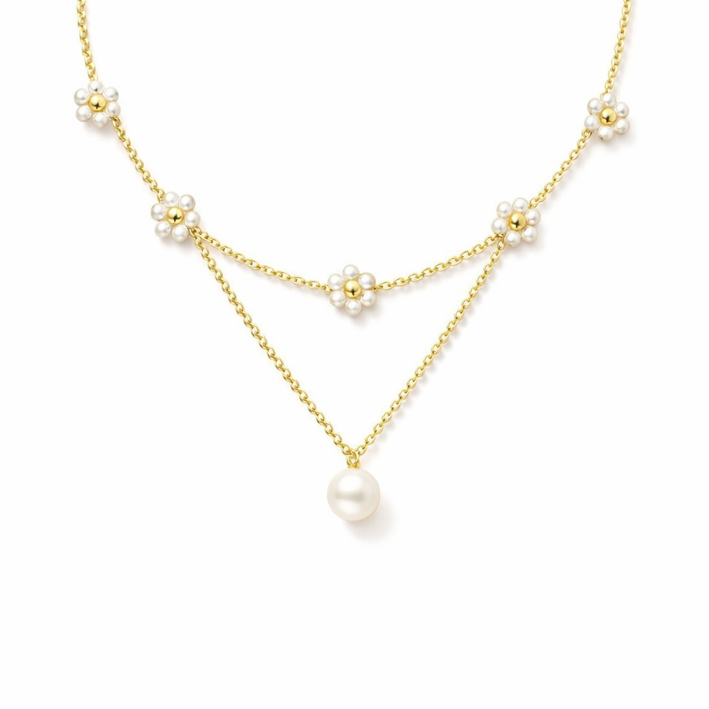 Floral Pearl Layered Yellow Gold Necklace