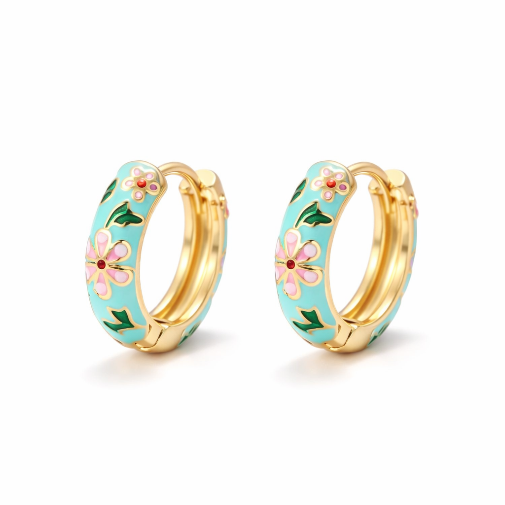 Colourful Floral Hoop Yellow Gold Earrings