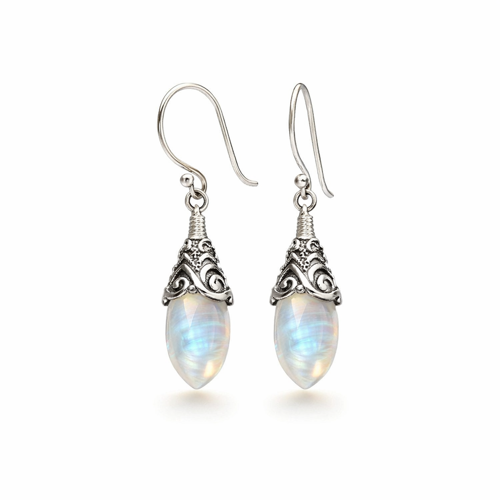 Antique Moonstone Drop White Gold Earrings
