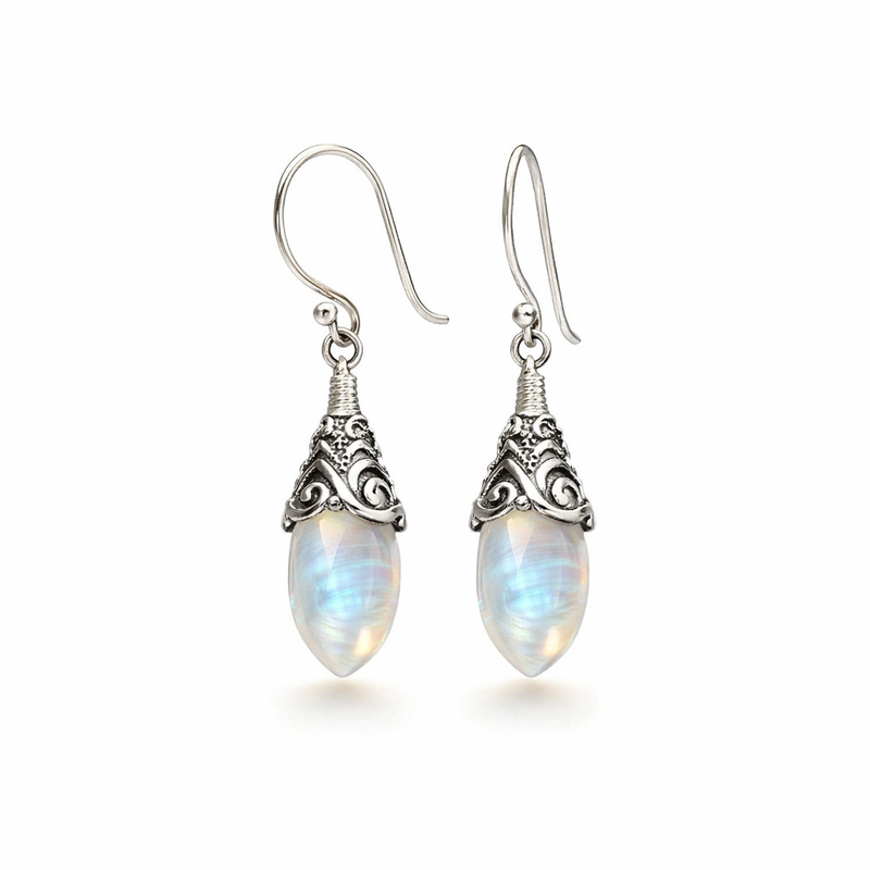 Antique Moonstone Drop White Gold Earrings