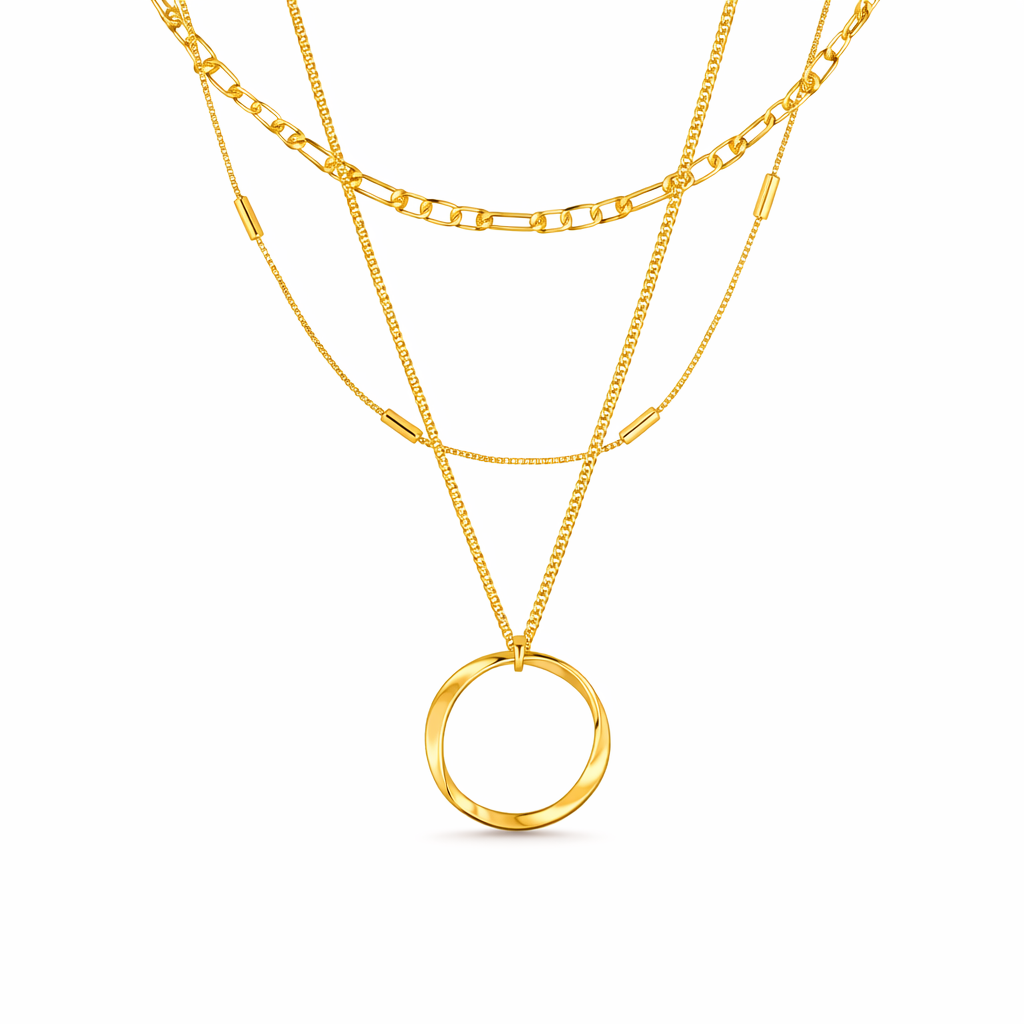 Three Strand Open Circle Yellow Gold Necklace