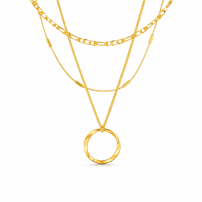 Three Strand Open Circle Yellow Gold Necklace