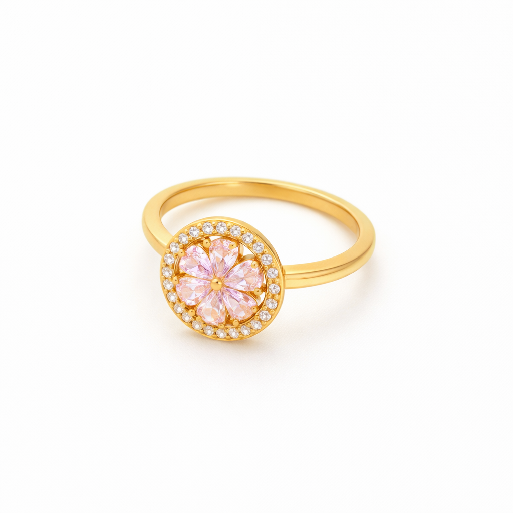 Pink Heart Bloom Spinner Yellow Gold Ring
