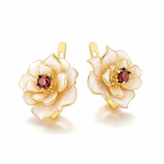 Orecchini Zircone Rosso Fiore Bianco