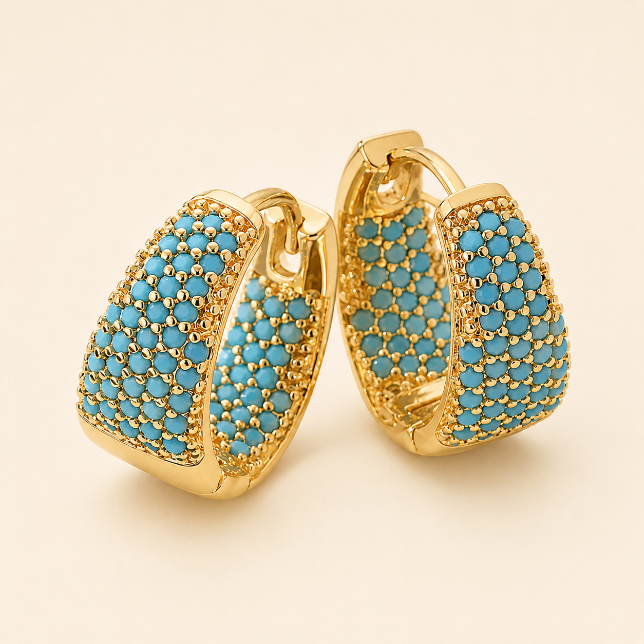 Gold Tone Turquoise Bead Hoop Yellow Gold Earrings