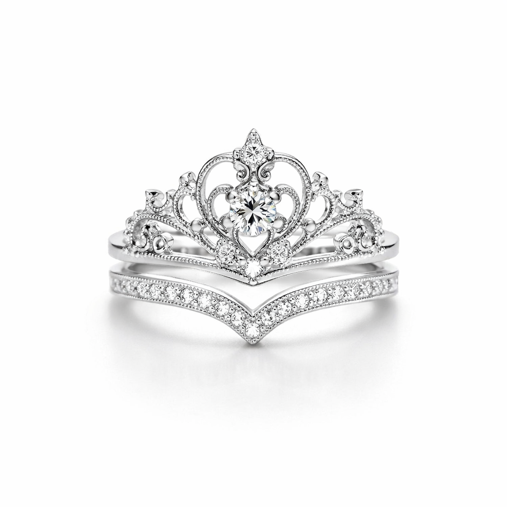 Brilliant Silver Crown White Gold Ring Set