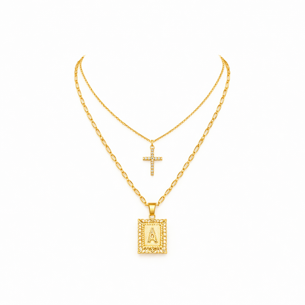 Initial and Cross Yellow Gold Necklace Set