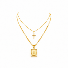 Initial and Cross Yellow Gold Necklace Set