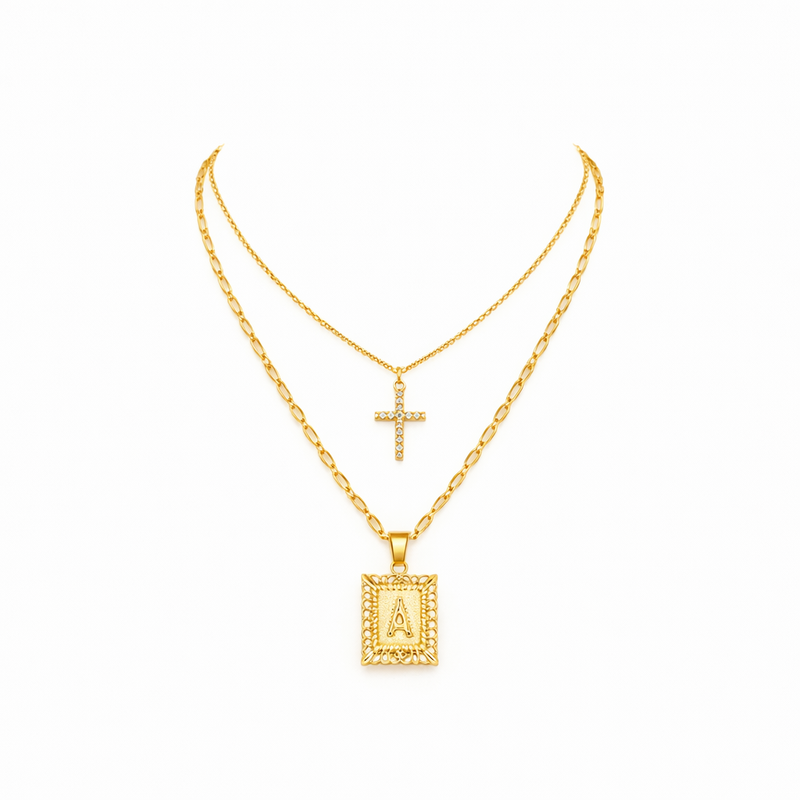 Initial and Cross Yellow Gold Necklace Set