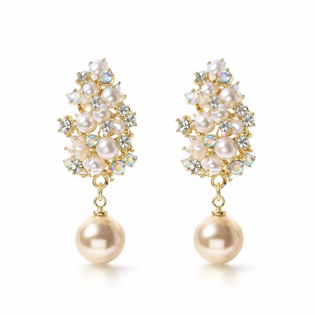Elegant Flower and Pearl Yellow Gold Earrings