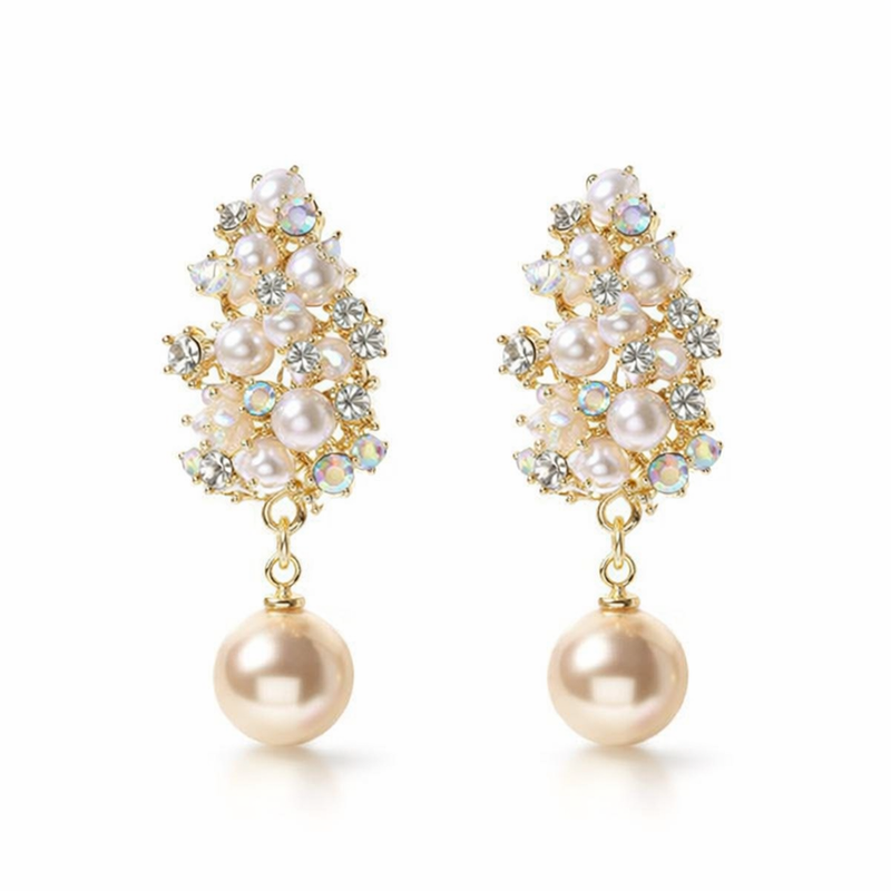 Elegant Flower and Pearl Yellow Gold Earrings
