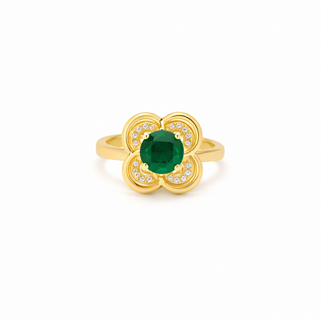 Emerald Four Leaf Clover Halo Spinner Yellow Gold Ring