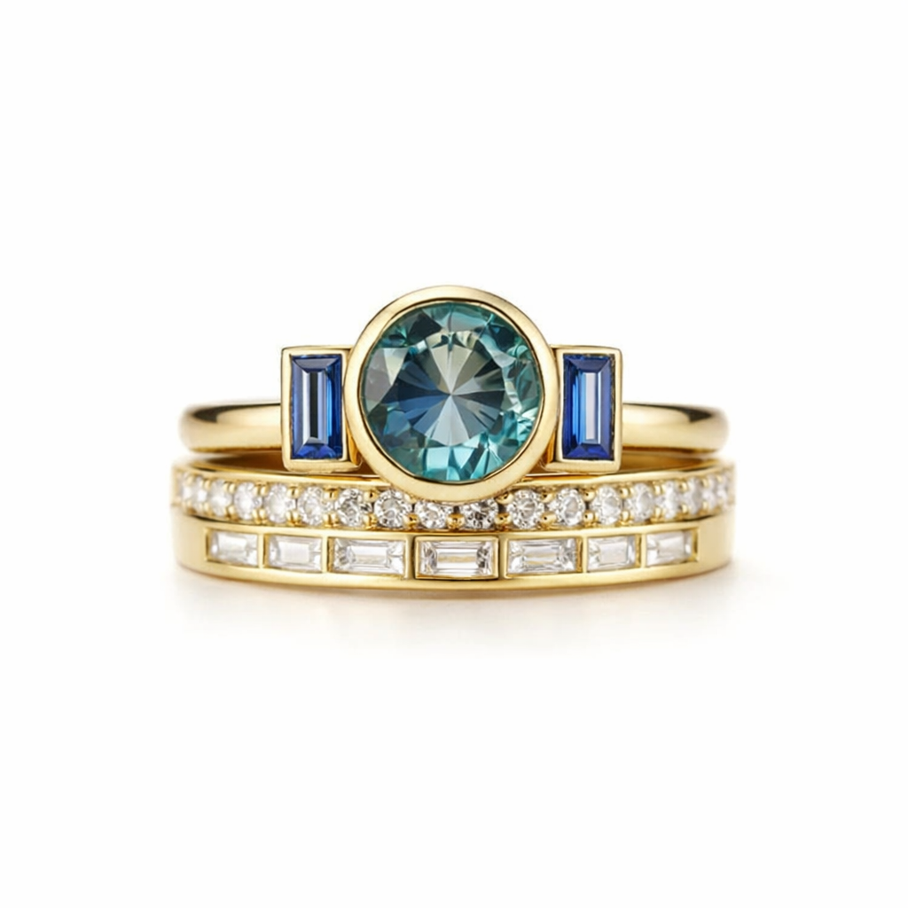 Antique Elegant Blue Yellow Gold Ring Set