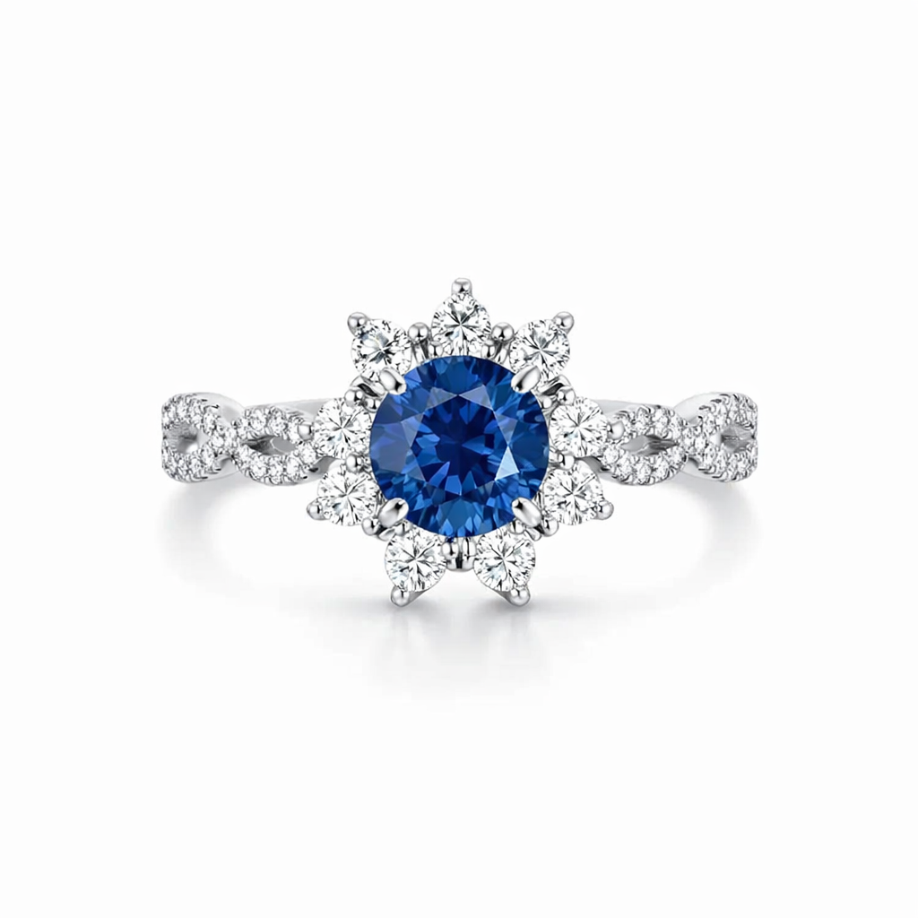 Sapphire and Crystal Flower White Gold Ring