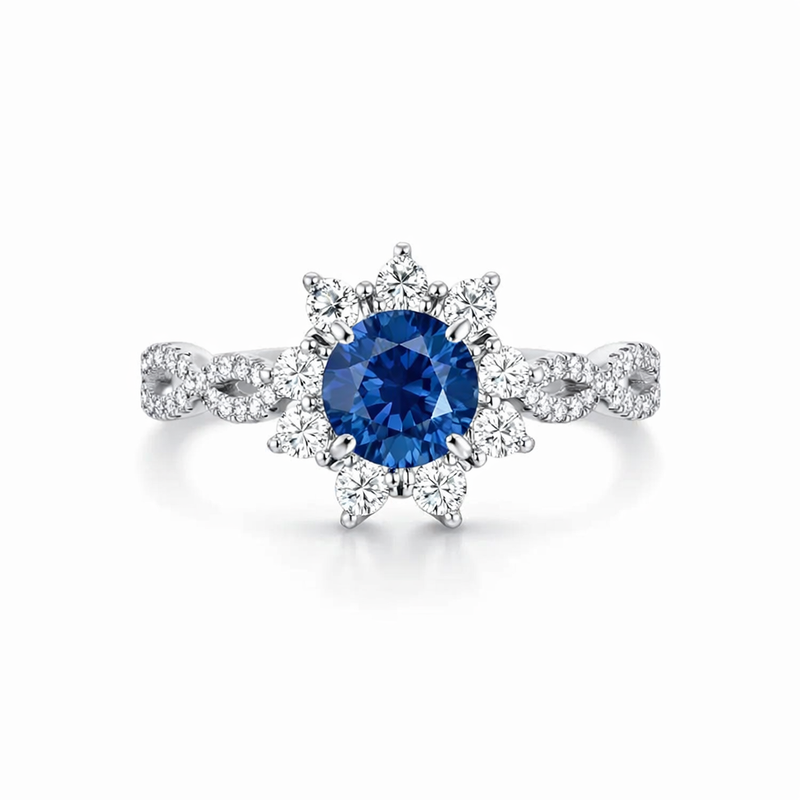 Sapphire and Crystal Flower White Gold Ring